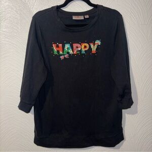 Quaker Factory Embroidered Happy Black Long Sleeve Top Beachy Size M